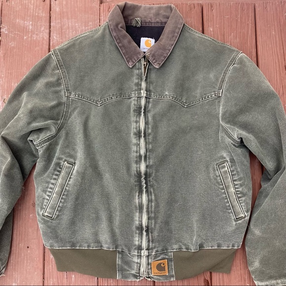 Vintage Carhartt Detroit Canvas Bomber Jacket Blanket Lined Green Distressed Lrg - Picture 2 of 7